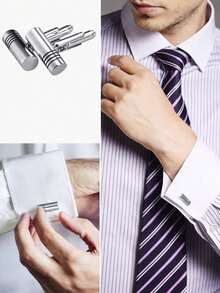1/4 Pair Men's Classic Tone Cufflinks, Silver Black Striped Round/Square/Rectangular Cufflinks, Shirt Suit Cufflinks For Men - Silver Black - View 3