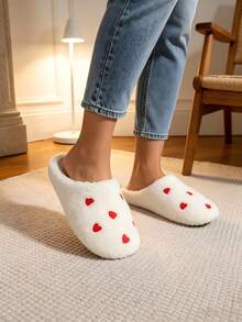 Soft Non-Slip Slip-On Design, Heart Embroidery, Pure Thermal Slippers, Vintage Style, White Base With Red Heart Pattern, Suitable For Halloween Party, Back To School Dorm Life, Autumn/Winter Bedroom Use - B - View 1