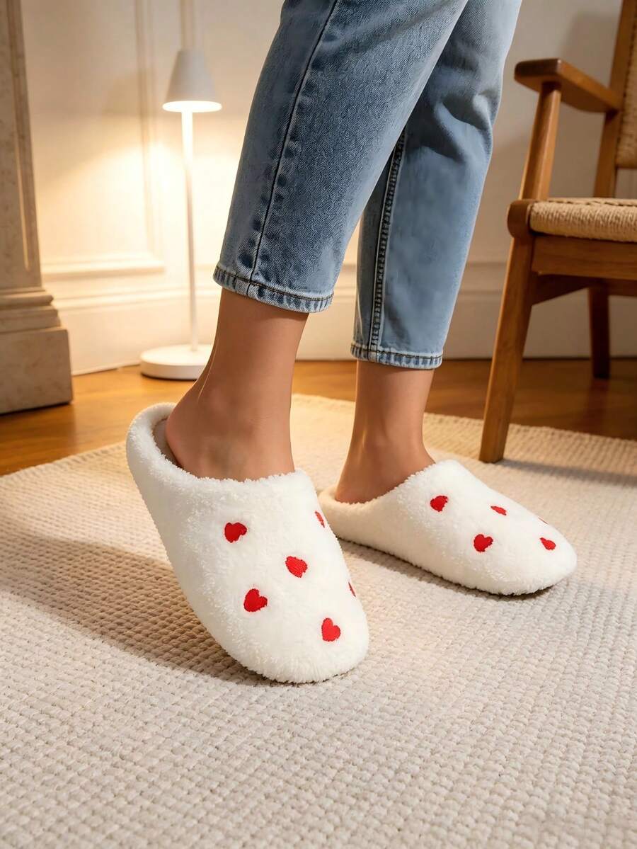 Soft Non-Slip Slip-On Design, Heart Embroidery, Pure Thermal Slippers, Vintage Style, White Base With Red Heart Pattern, Suitable For Halloween Party, Back To School Dorm Life, Autumn/Winter Bedroom Use - B - View 1