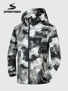 1pc Black And White Ink Wash All-Over Print Hooded Jacket For Men, Long Sleeve Jacket With Tie-Dye Camouflage Print Design, Outdoor Sports Style, Suitable For Hiking, Camping, Short Trips, Park Strolls, Commuting - Black - View 6