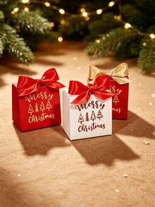 5Pcs Merry Christmas Mini Gift Bags With Satin Ribbon Bows, Metallic Tree And Festive Lettering Print, Red Green Or White Paper Packaging For Jewelry, Small Presents, Secret Santa Gifts, Stocking Stuffers And Holiday Party Favors - 7X5X7cm - View 4