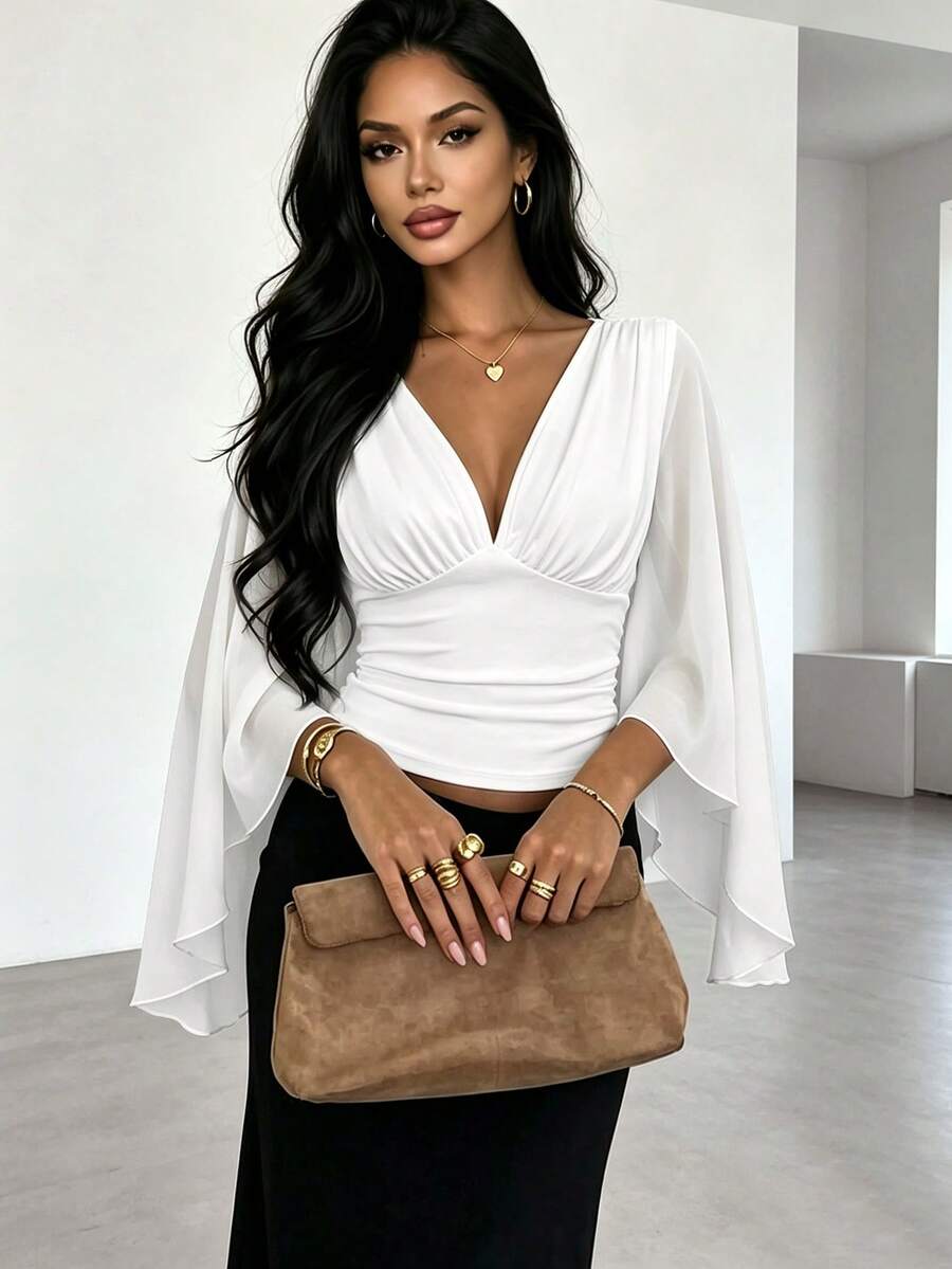 RNU Women Elegant V‑Neck Flare Mesh Sleeve Crop Top, Ruched Slim Fit Sheer Blouse For Holiday Festival Party - White - View 1