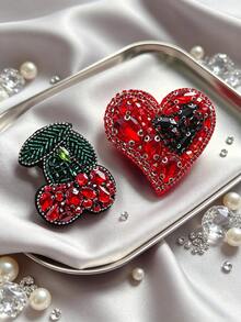 1pc Elegant Fashion Handmade Rhinestone Beaded Heart Cherry Brooch, Suitable For Suit, Coat, Denim Jacket, Sweater And More - Multicolor - View 6