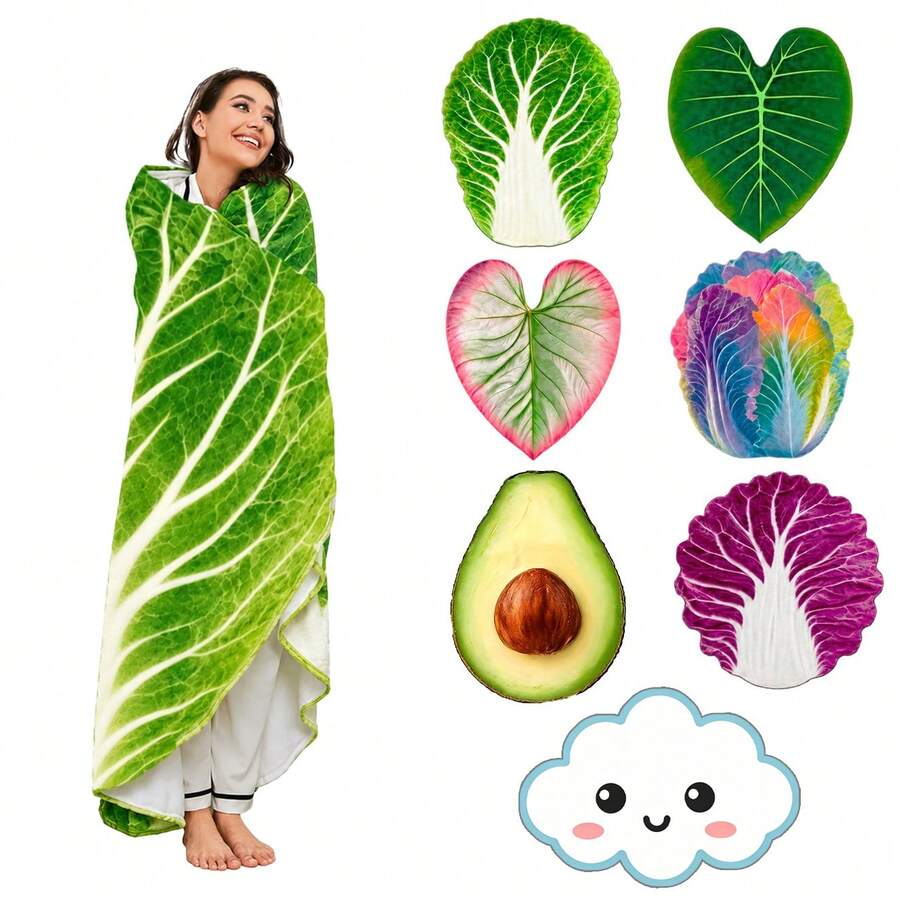 1pc Cabbage Leaf Shaped Blanket, Made Of Flannel Fabric, Soft And Comfortable Throw, Multiple Styles Available, Can Be Used As Sofa Bed Cover, Picnic Blanket, Car Blanket, Camping Blanket, Air Conditioning Blanket, Pet Blanket