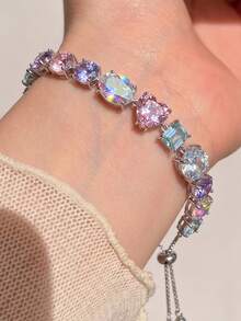 1pc Colorful Zirconia Geometric Design Women Bracelet, Fashionable & Fresh For Summer - Gold - View 7