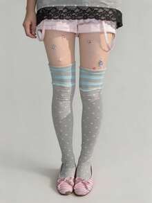 STAR RIVER 1 Pair Autumn/Winter Subculture Retro Mint Green & Grey Striped Polka Dot Contrast Lace Trim Over-The-Knee Socks, Sweet & Cool Y2K - Multicolor - View 8