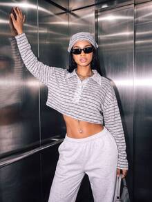 Women's Knitwear Striped Collar Button Long Sleeve Oversized Micro Cropped Top For Fall/Winter Daily,Fall Winter Clothes,Winter Fall Outfit,Going Out - White - View 7
