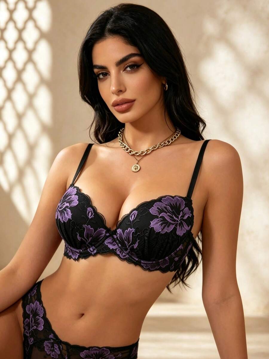 Temptuelle 新款女款優雅蕾絲內襯性感內衣文胸,時尚優雅聚攏鋼圈文胸,日常支撐文胸 - 紫色 - 查看 1