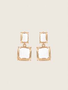 Valisandre 1 Pair Minimalist Gold Earrings, Transparent Square Cubic Zirconia - Gold - View 4