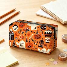 Fun Halloween Pattern Multi-Function Storage Bag, Portable Storage Pouch, Student Desk Stationery Pencil Case, Holiday Gift - Orange - View 3