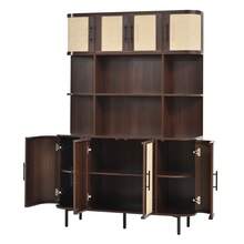 Tall Cabinet, Sideboard With Rattan Front, MDF Body, 8 Doors, Black Handles, Iron Legs, Modern Design Storage Unit - Walnut + Beige - View 7