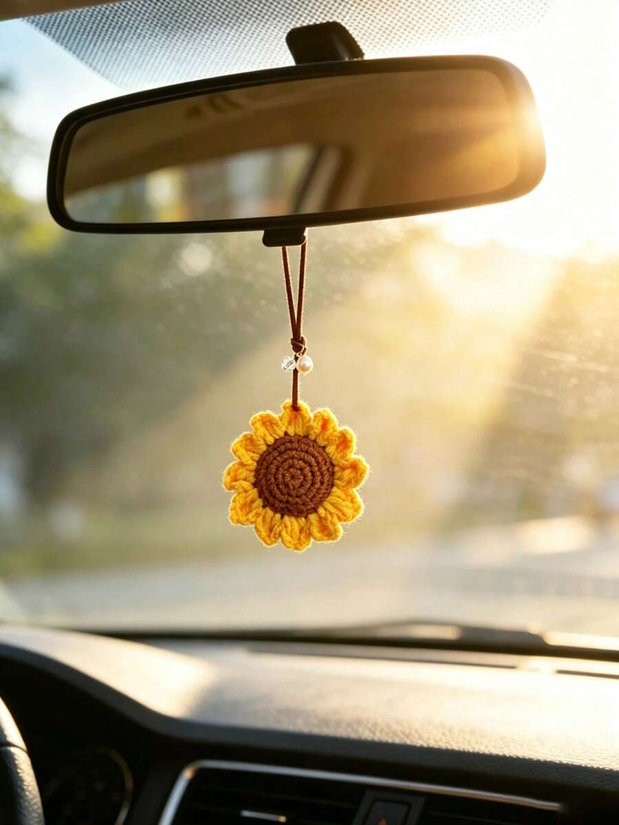 1pc Handmade Woven Sunflower Pearl Decor Car Rearview Mirror Hanging Ornament Car Interior Decoration Accessory - A - View 1