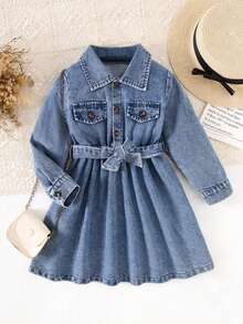 Girls' Fashionable Collared Long Sleeve Denim Dress With Belt, Suitable For Outdoor Activities, School And Outdoor Events - Light Wash - View 1