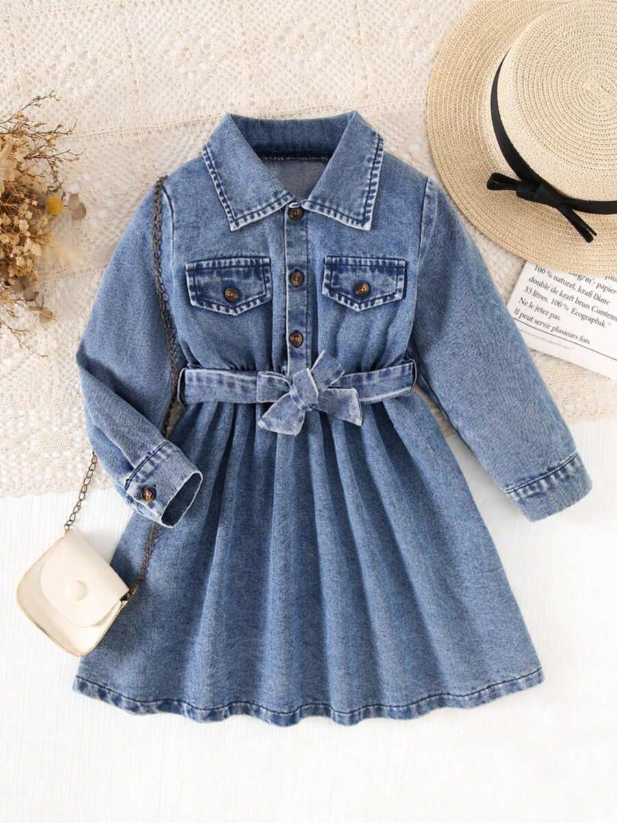Girls' Fashionable Collared Long Sleeve Denim Dress With Belt, Suitable For Outdoor Activities, School And Outdoor Events - Light Wash - View 1