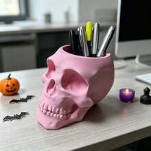 1pc Skull-Shaped‑Shaped Pen Holder, 3D Printed Decorative Skull Pencil Cup, Halloween Decor, Multi‑Purpose Desktop Storage Container, Makeup Organizer, Cosmetic Brush Holder, Vanity Desk Office Organizer, Table Decor, Day Of The Dead Decor. - View 6