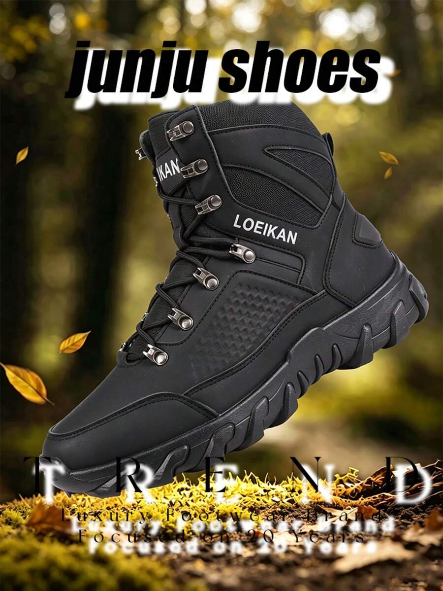 2 Colors Available High-Top Durable Work Boots For Men, Secure Lace-Up Anti-Slip, Outdoor Hiking, Trekking, Daily Casual Wear - Black - View 1