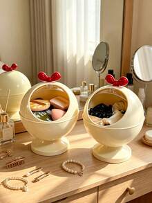1pc Cream Round Bow Decor Desktop Storage Box, Cute Style Smooth Plastic, Spherical Shape, Flip Top Opening Detail, Cosmetic & Jewelry Display Organizer, Ideal Christmas Gift, Bedroom Vanity Table Home Use - Multicolor - View 2