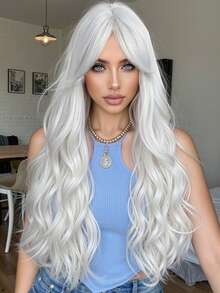 30 Inch Long Wavy Synthetic Wig For Women, Copper Orange With Full Bangs Or Silver White With Middle Part Curtain Bangs, Heat-Resistant Natural Hair Texture, Suitable For Halloween Costumes, Cosplay, Masquerade, Theme Parties, Carnivals And Holiday Styling - Multicolor - View 3