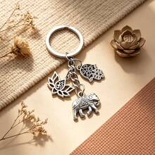 Medvang 1pc Bohemian Multi‑Charm Keychain, Hamsa Hand Lotus Om Symbol & Elephant Silver Metal Key Ring Bag Charm Spiritual Gift - A - View 1