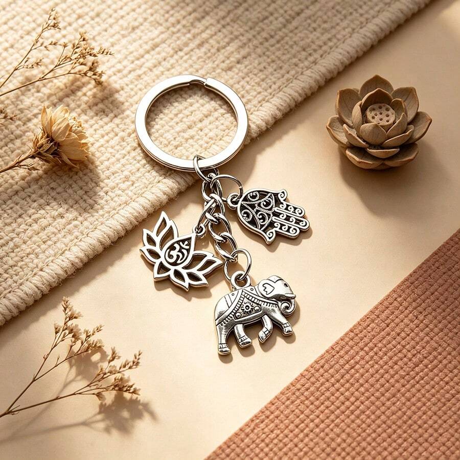 Medvang 1pc Bohemian Multi‑Charm Keychain, Hamsa Hand Lotus Om Symbol & Elephant Silver Metal Key Ring Bag Charm Spiritual Gift - A - View 1