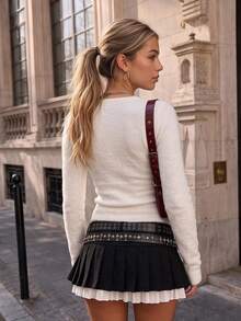Autumn/Winter Sweet & Elegant Fitted Tie-Up Knit Sweater, Casual & Cute For Outings, Dating, Layering - White - View 4
