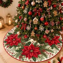 1pc Christmas Flower Pattern Christmas Tree Skirt, Elegant Color Holiday Decor, 5 Sizes, Unisex Holiday Gift, Suitable For Home And Party Christmas Home Decoration - Christmas Flower - View 8