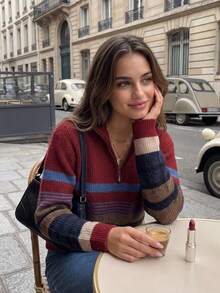 Women's Cozy Stand Collar Striped Long Sleeve Sweater, Premium Quality For Christmas & Winter - Red Stripes - View 2