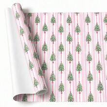 17in*9.8ft Pink Christmas Wrapping Paper Roll, Vintage Christmas Tree Gift Wrapping Paper With Bow Ribbon And Striped Pattern, Holiday Wrapping Paper For Christmas Gifts, Party Decor And DIY Crafts - 9.8FT - View 12