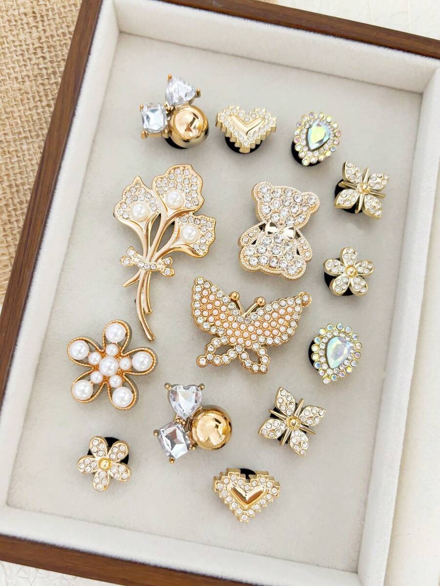 14 قطعة ديكور أحذية DIY بتصميم دب وفراشة ذهبي، حيوانات كاجوال من بلاستيك ABS (راتنج ABS) مرصع بالراينستون، للمنزل وجميع الفصول - الذهبي - مشاهدة 1