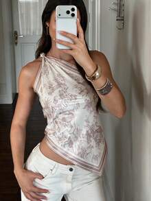 Sexy One-Shoulder Twisted Knot Print Top, Sleeveless With Asymmetrical Hem, Versatile Top For , Vacation, Travel, Beach And Party Summer - Dusty Purple - View 4
