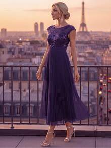 EVERPRETTY Women's Round Neck Ruched Tulle A Line Purple Wedding Guest Dress Suitable For Wedding Evening Formal Mother Of The Bride Dress - Purple - View 4