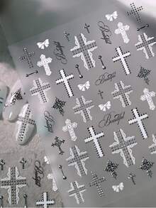 1pc Studs Polka Dots Cross Matrix Nail Art Stickers Gothic Letters Metallic Silver Lace Cross Self-Adhesive Nail Stickers Punk Cross-Shaped Nail Decals - Multicolor - View 9