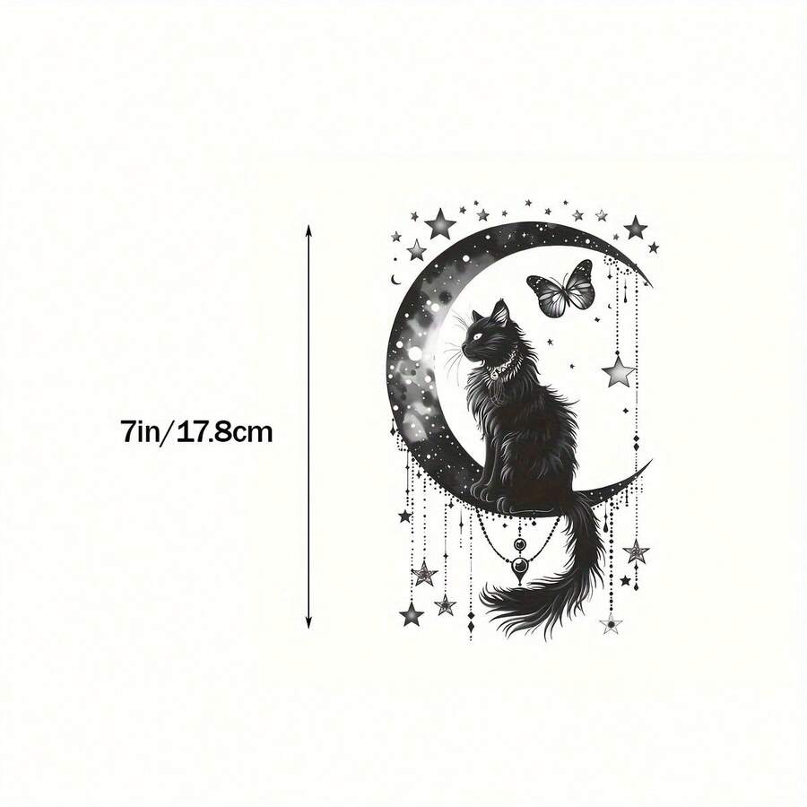 Black Cat And Moon Vinyl Sticker - Glitter Stars And Butterfly Design - View 1