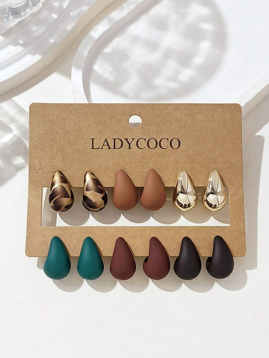 LADYCOCO 6對時尚可愛多色水滴耳環套組,ABS材質,適合女性日常配戴 - 彩色 - 查看 1