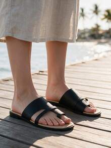 French Minimalist Square Toe Flat Slide Sandals For Women, Vintage Soft Sole Slippers, Versatile Commute Vacation Casual Beach Wear - Black - View 7