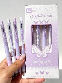 1/4pcs Purple Butterfly Clip Retractable Neutral Pens, Quick-Drying Black Ink Ballpoint Pens, Highly Attractive INS Style Smooth Writing Stationery Set For Exam Prep, Journaling, Office, School, Back To School Gift For Friends - Purple Butterfly - View 1