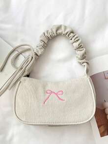 1 buah Tas Tangan Ringan Bordir Pita, Tas Bahu Corduroy Warna Polos, Tas Bulan Sabit dengan Tali Kerut, Tas Lengan dengan Resleting, Dekorasi Simpul Pita, Cocok Untuk Anak Perempuan/Anak-anak/Pelajar, Cocok Untuk Perjalanan Sehari-hari/Jalan-jalan/Belanja/Pakaian - Beraneka warna - View 12