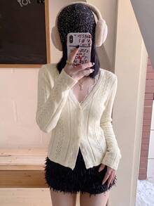 Elegant White Lace Knit Cardigan, Pure Sweet V-Neck Long Sleeve Women's Sweater, Daily Wear - Apricot - View 2