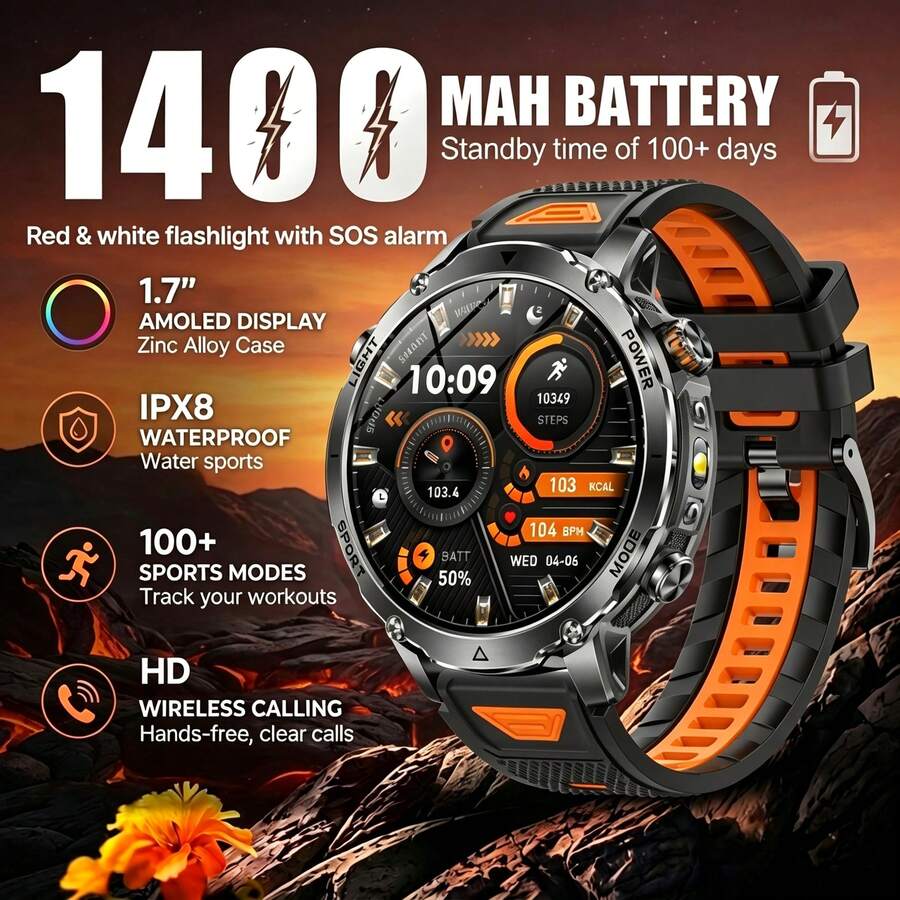 KENPANG Rugged Durable Smart Watch For Men, 1400mAh Massive Battery, Built-In Dual-LED Flashlight, 1.7-Inch Large Screen, IPX8 Waterproof & Drop-Resistant, 100+ Sports Modes, 24/7 Health Monitoring, Sleep Step Tracker, Men's Fitness Tracker, IOS Android