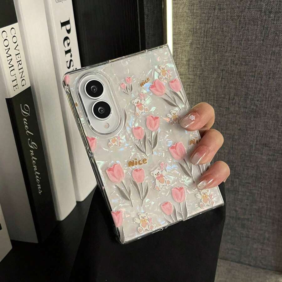 Cute Pink Flowers Tulip Bear Pattern Shell Phone Case Compatible With Samsung Galaxy Z Fold8 Wide Fold8 Back Cover - White - View 1