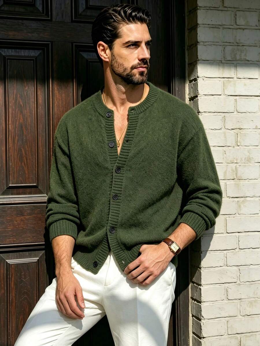 26 New Solid Color Fluffy Casual Everyday Commute Versatile Lightweight Cardigan Sweater, Autumn/Winter - Dark Green - View 1