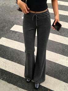 Vuslat Women's Autumn Street Colorblock Striped Knit Straight Leg Pants, Suitable For Daily Wear, Back To School, Party, Halloween - Black - View 6