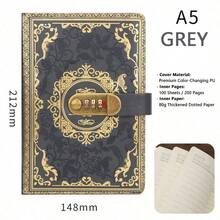 1pc Vintage Style Combination Lock Leather Notebook A5 Size Diary Lined Pages Floral Pattern - Multicolor - View 10