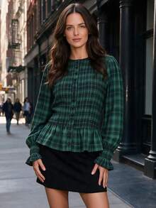 Women's Casual Plaid Shirt, Ruched Ruffle Top With Ruffle Cuffs, Suitable For Autumn/Winter Daily Wear And Dating - Green - View 2