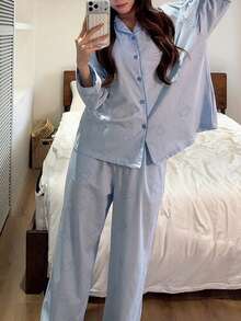 Gongdie 2 Pieces Miffy Women's Pajama Set,Fall Blue Polka Dot Soft Cotton Loungewear With Pocket - Baby Blue - View 6