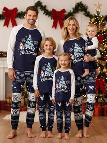 Christmas Family Matching Pajamas Set Letter Tree Pattern Long Sleeve Round Neck Tops And Pants Parent Child Loungewear - Blue - View 1