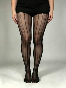 1 Pair Plus Size White Mesh Lace Jacquard Floral Sexy Unique High Elasticity Pantyhose - Black - View 9