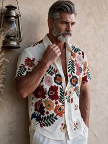 GOLDREDY Men's Summer Vacation Casual Commute Minimalist Floral Print Shirt - White - View 1