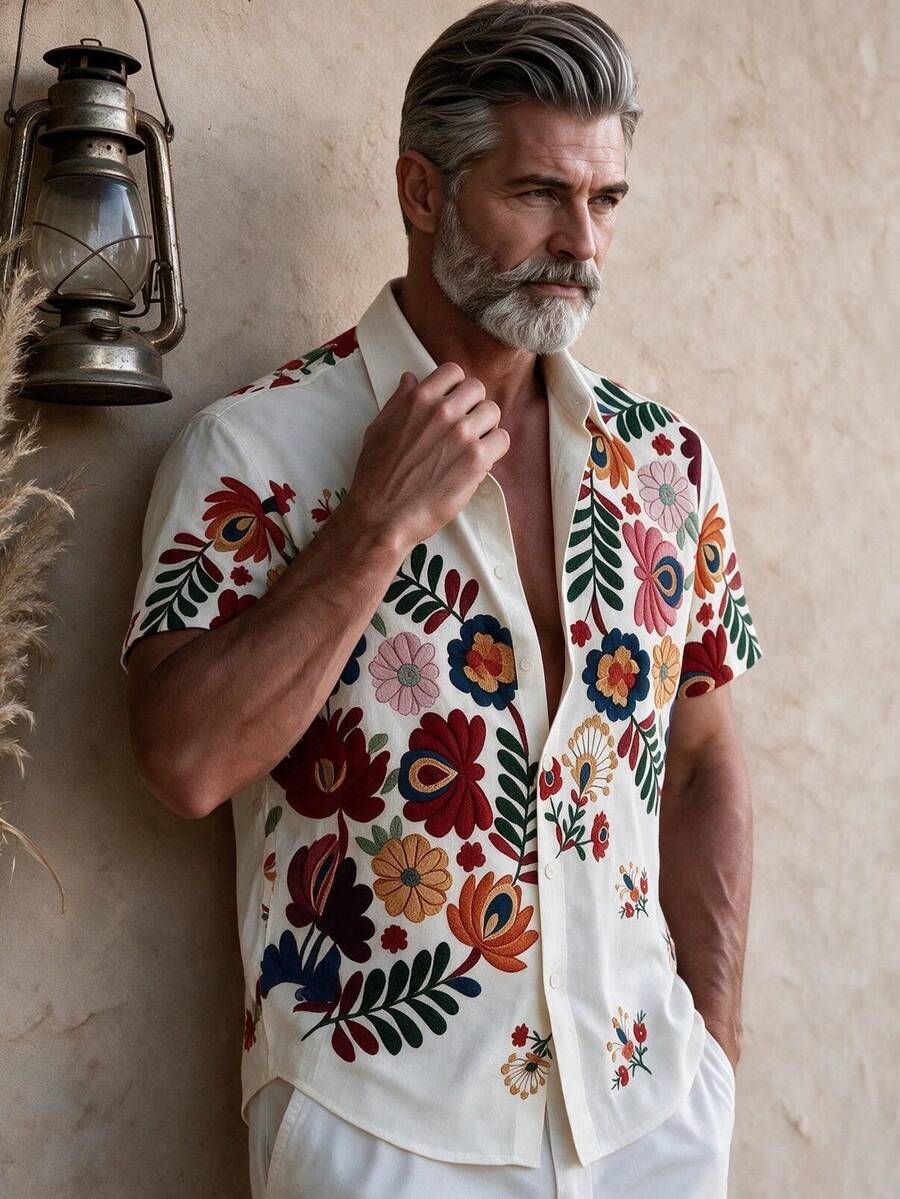 GOLDREDY Men's Summer Vacation Casual Commute Minimalist Floral Print Shirt - White - View 1