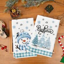 4 PCS Serbet Dapur Natal, Motif Kotak Biru Muda Salju & Pohon Natal, Serbet Tangan Teh Dekorasi Rumah Liburan Natal Meriah untuk Dapur - Baby Blue - View 7